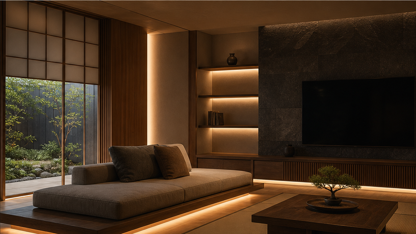 Warm wood living room with indirect lighting — spatial concept